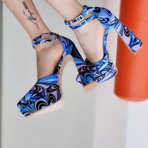 Women's Buckle Ankle Strap Patent Double Platform Pumps Print Color